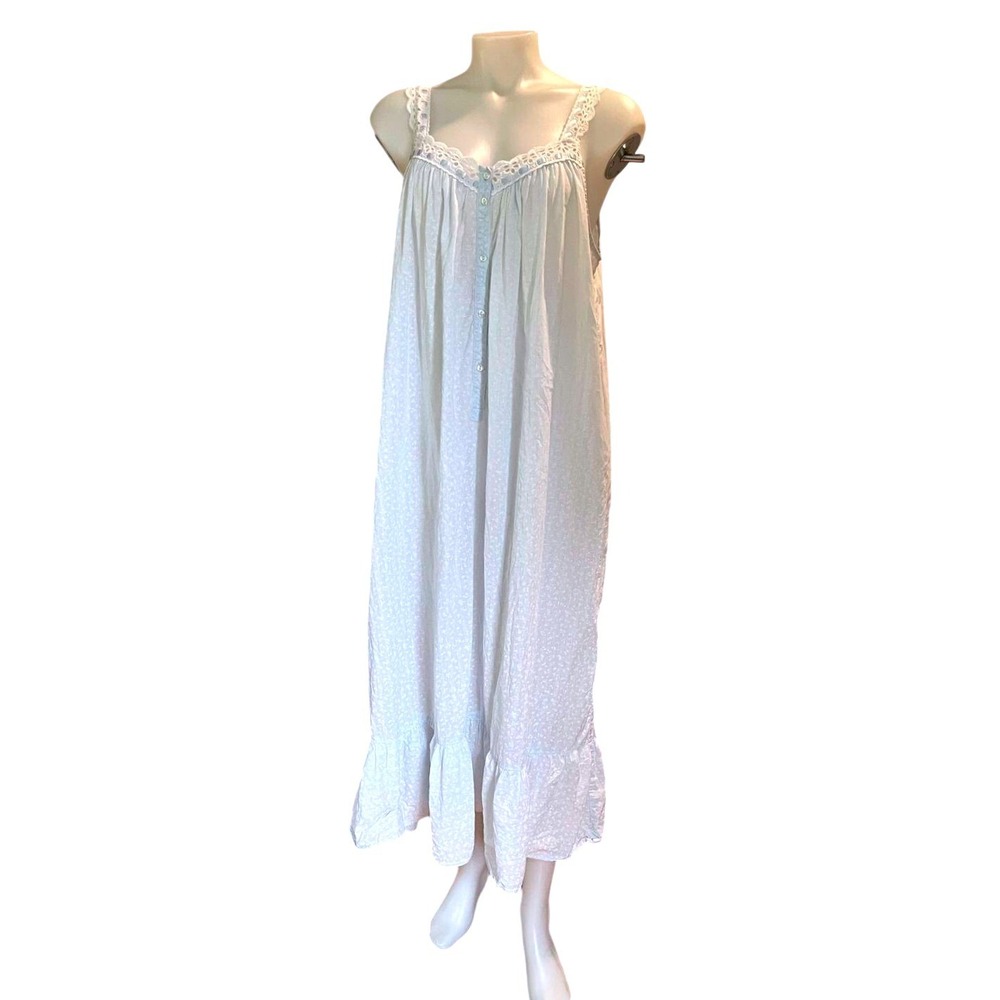 Vintage Eileen West Light Blue Cotton Nightgown Lace L/XL Cottagecore Victorian